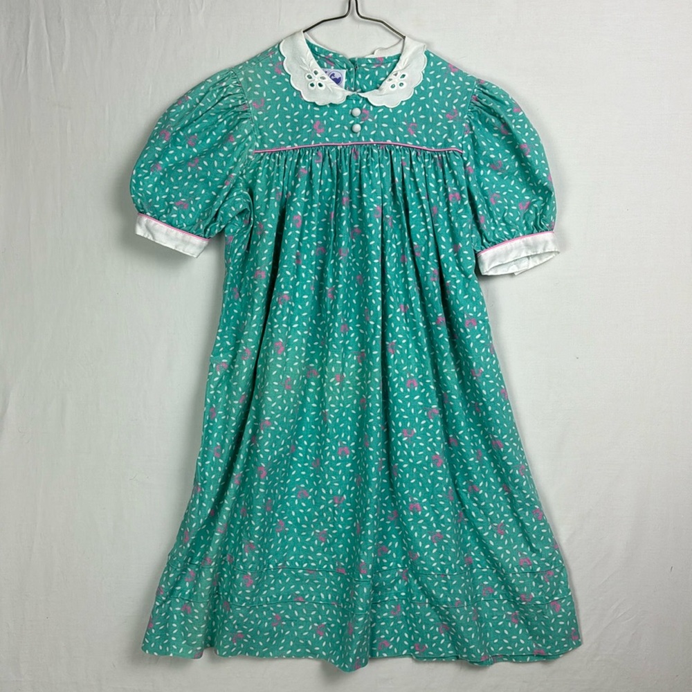 Vtg 80s Cary San Francisco Green Pink Girls Dress sz 6X peter pan cottage USA